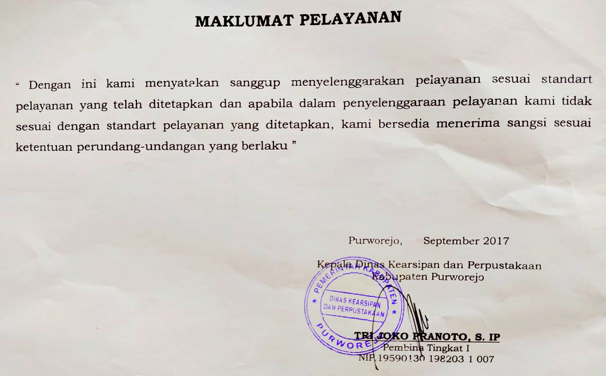 Maklumat Pelayanan Dinas Kearsipan dan Perpustakaan Kabupaten Purworejo